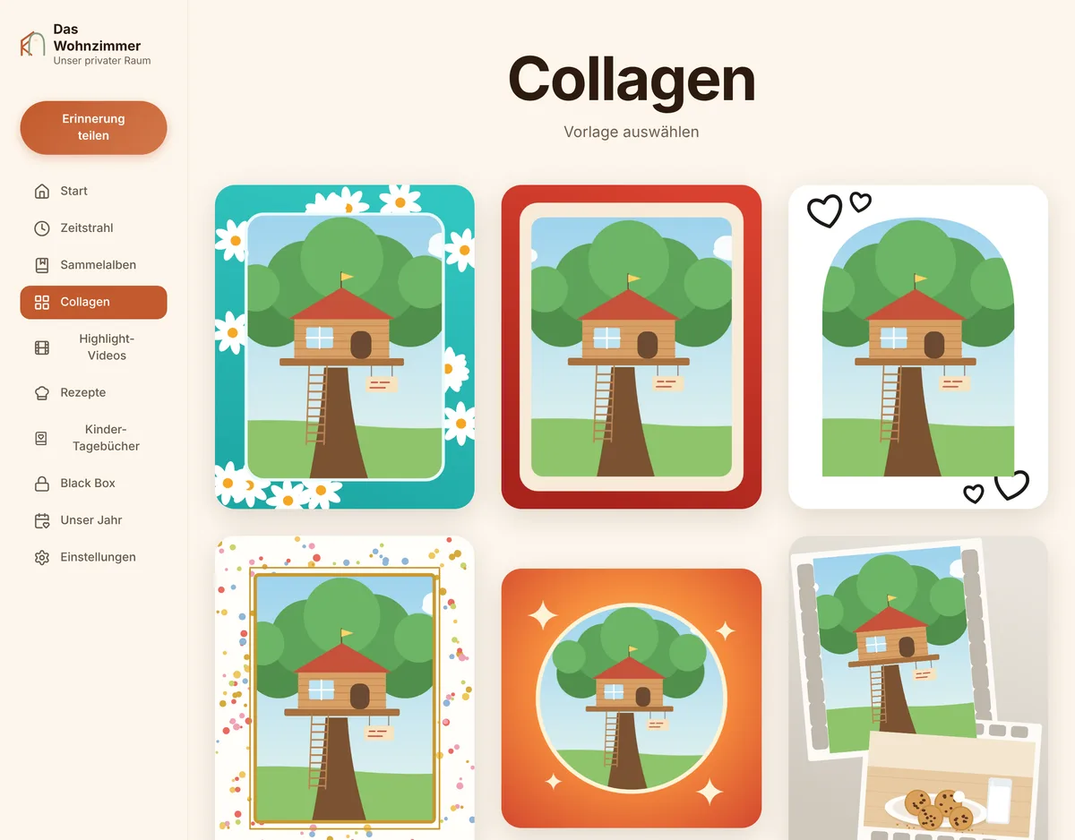 Die Collagen-Galerie in Kaydo — jede Vorlage in der Vorschau mit den eigenen Fotos der Familie