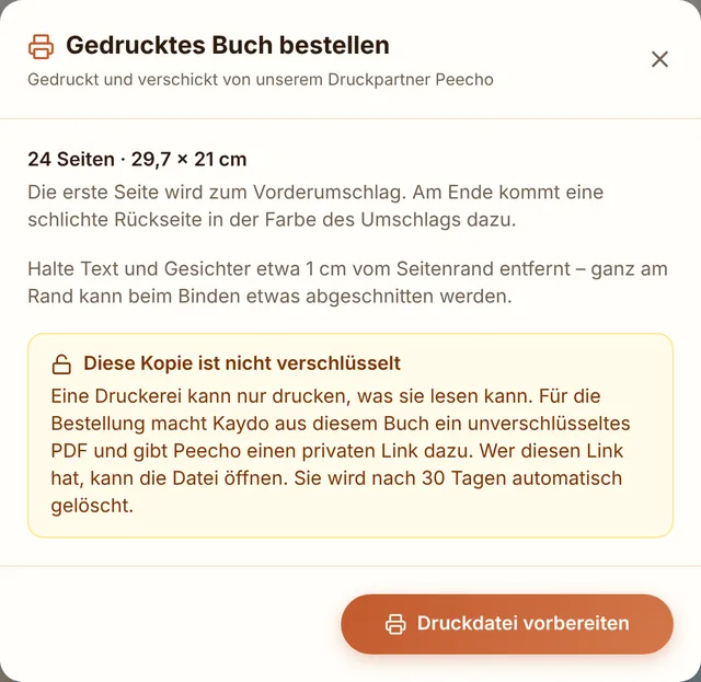 Der Kaydo-Dialog zum Bestellen eines Sammelalbums als gedrucktes Buch, mit dem Hinweis, dass die Druckkopie nicht verschlüsselt ist