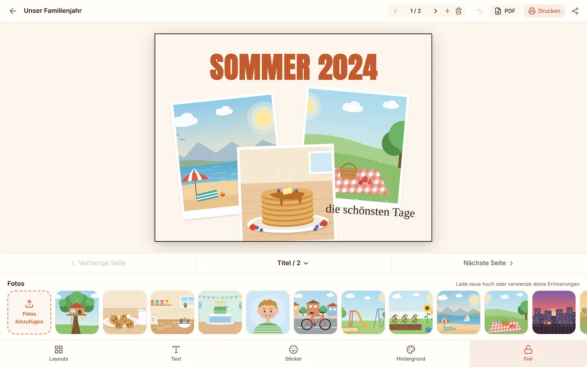 Der Kaydo-Scrapbook-Editor mit Fotos, Text und Stickern per Drag & Drop