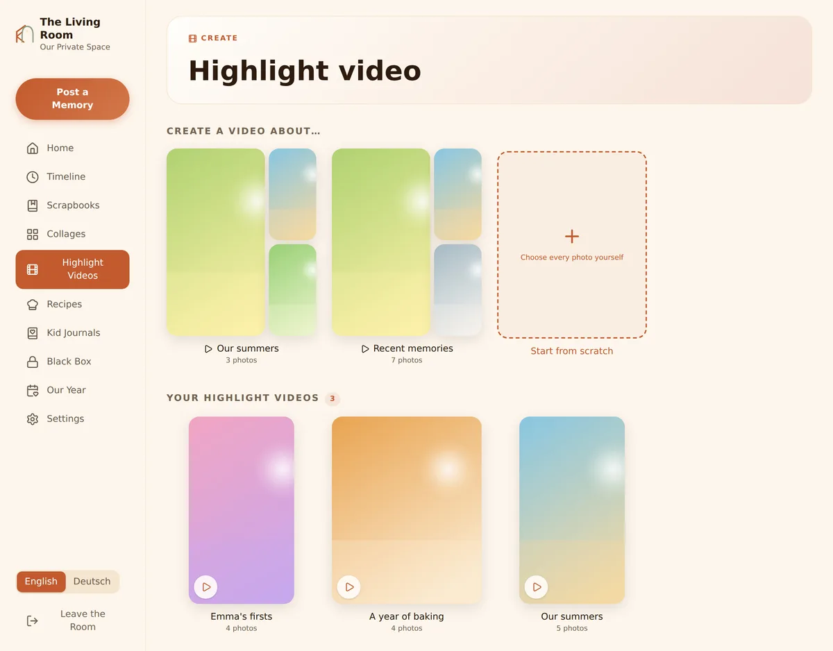 The Kaydo highlight video page, with ready-made reel ideas built from the family's photos and the reels they kept