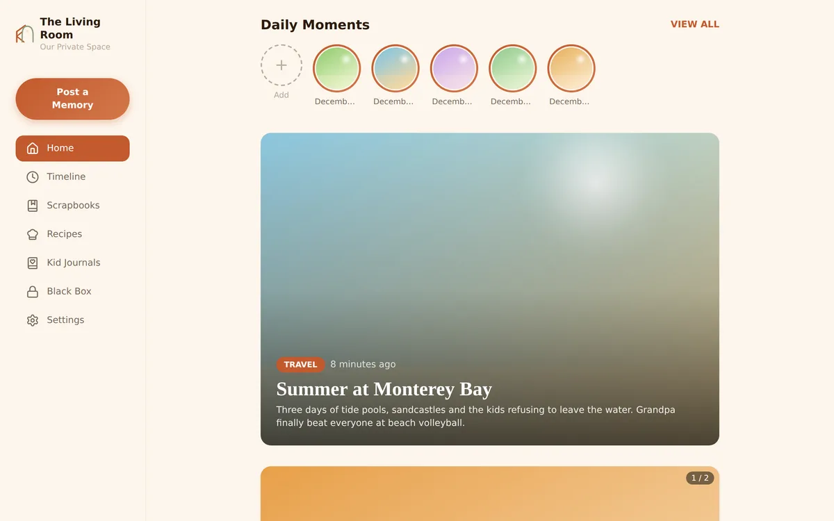 The Kaydo home feed showing daily moments and a featured family memory