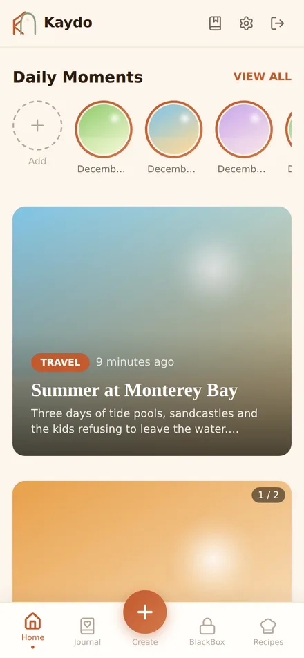 The Kaydo mobile app showing the family memory feed