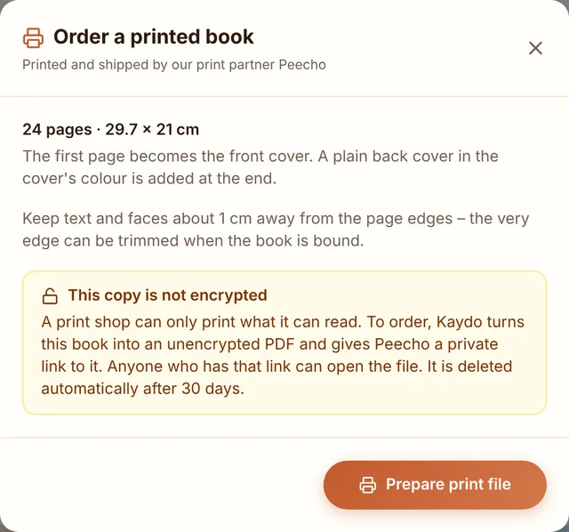 The Kaydo dialog for ordering a scrapbook as a printed book, with its notice that the print copy is not encrypted