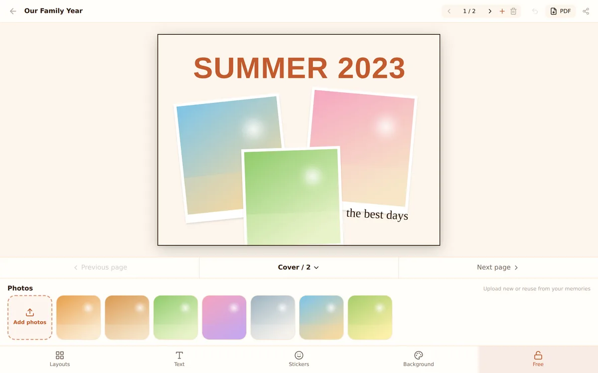 The Kaydo scrapbook editor with drag-and-drop photos, text and stickers
